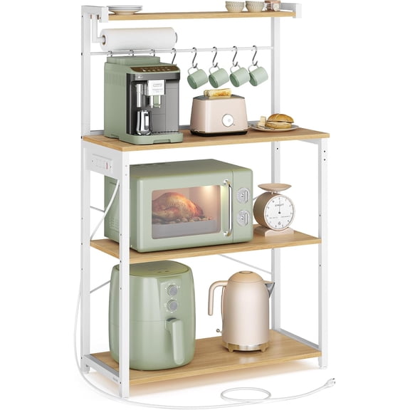 Kitchen Bakers Rack with Power Outlet, Coffee Bar 4-Tier with 8 S Hooks, Microwave Stand, Adjustable Shelf, 15.7 x 31.5 x 55.1 Inches, Golden Oak and Cloud White UKKS029YA01