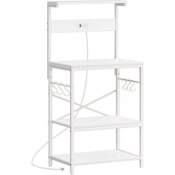 Kitchen Bakers Rack with Power Outlet, Coffee Bar Table 4 Tiers, Kitchen Microwave Stand with 6 S-shaped Hooks, Kitchen Storage Shelf Rack for Spices, Pots and Pans -