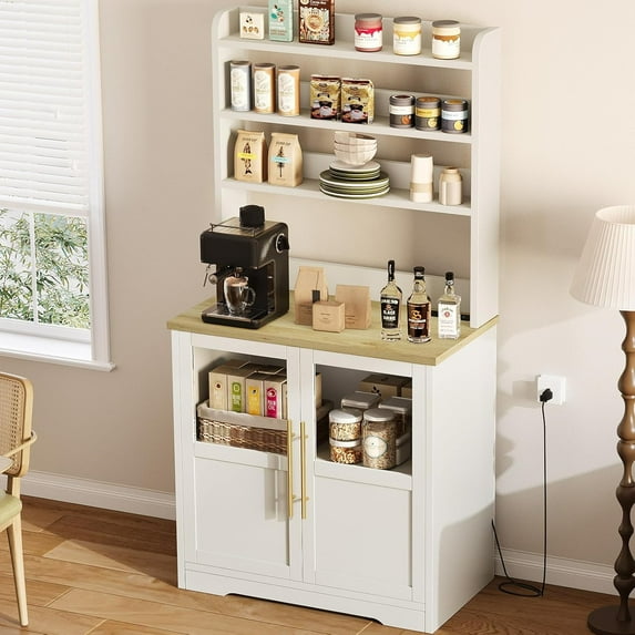 Kitchen Bakers Rack with Power Outlet,Coffee Bar Table 6 Tiers,Kitchen Microwave Stand,Microwave Oven Stand Pantry Hutch with Door,Storage Shelf Rack for Spices,Pots and Pans