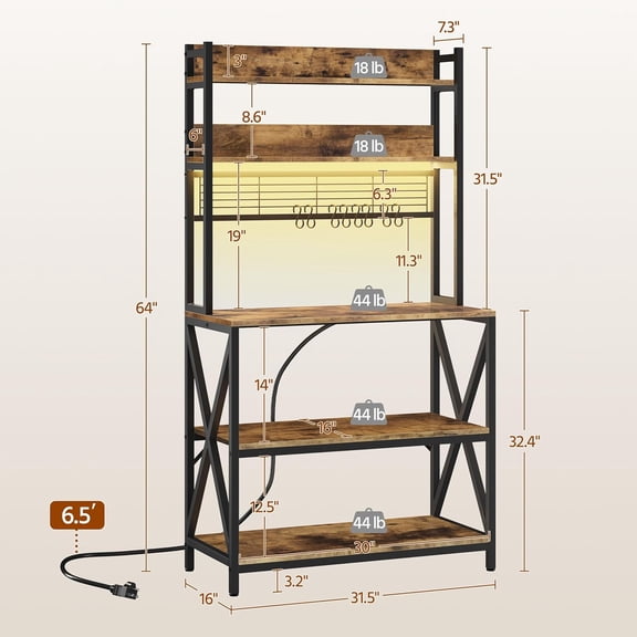 Kitchen Bakers Rack with Power Outlet & LED Lights, 5 Tiers Coffee Bar Table with 8 S Hooks, 64 Inches Tall Microwave Oven Stand with Storage for Spices, Pots, Rustic Brown