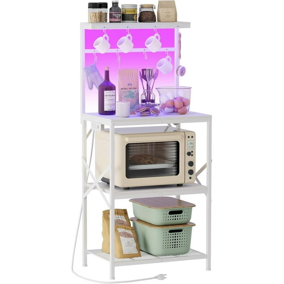 Kitchen Bakers Rack with Power Outlet & LED Lights, Small Coffee Bar Table with Adjustable Storage Shelf, 4 Tiers Microwave Stand with 8 Hooks, Coffee Station for Appliance Organizer, White