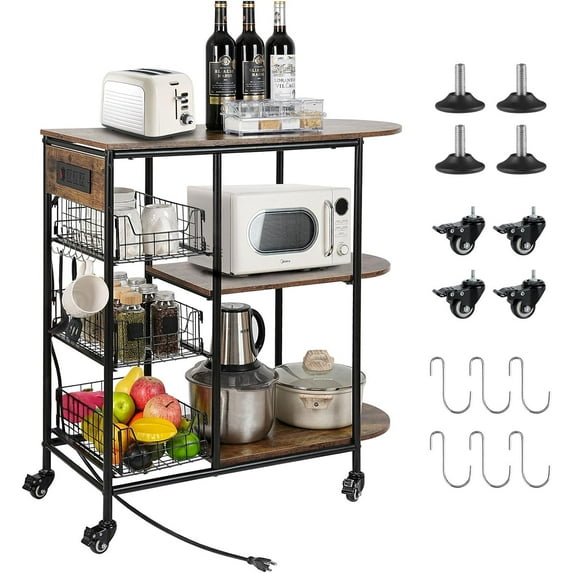 Kitchen Bakers Rack with Power Outlet, Small Coffee Bar Cart 4 Tiers, Microwave Stand with 8 Hooks, Adjustable Shelf, Freestanding Kitchen Appliance Stand, Black Oak
