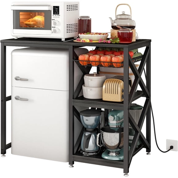 Kitchen Bakers Rack with Power Outlet,Mini Fridge Cabinet with Mesh Basket, Mini Fridge and Microwave Table with Storage for Office,Kitchen,Living Room,Coffee Bar,Patio, Black