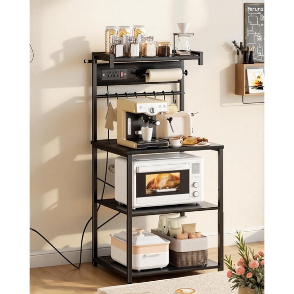 Kitchen Bakers Rack with Power Outlets, Microwave Stand with Built-in Power Strip & 4.6 Ft Cord, 8 Hooks for Dish Storage Spice Jars Coffee Bar Organization