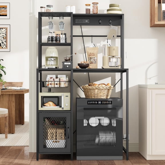 Kitchen Bakers Rack with Refrigerator Storage Space, Industrial Microwave Stand with Power Outlet, Freestanding Kitchen Shelf for Pantry Living Room, 33.9 x 19.7 x 58.1 Inches, Black
