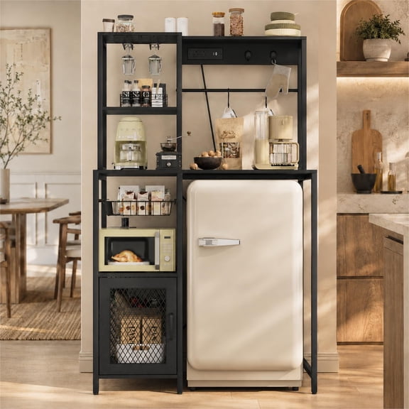 Kitchen Bakers Rack with Refrigerator Storage Space, Industrial Microwave Stand with Power Outlet, Freestanding Kitchen Shelf for Pantry Living Room, 33.9 x 19.7 x 58.1 Inches, Black