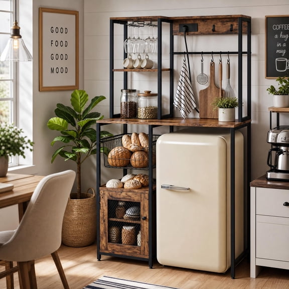 Kitchen Bakers Rack with Refrigerator Storage Space, Industrial Microwave Stand with Power Outlet, Freestanding Kitchen Shelf for Pantry Living Room, 33.9 x 19.7 x 58.1 Inches, Rustic Brown