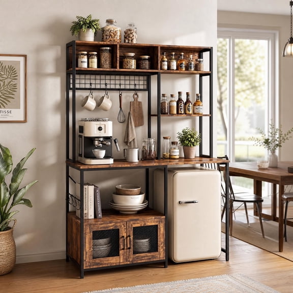 Kitchen Bakers Rack with Refrigerator Storage Space, Industrial Microwave Stand with Power Outlet, Freestanding Kitchen Shelf for Pantry Living Room, 47.2 x 19.7 x 68.1 Inches, Rustic Brown