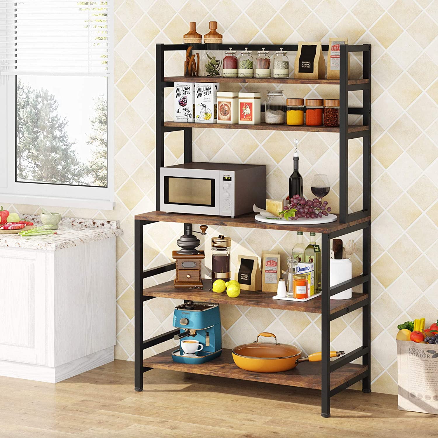 Kitchen Bakers Rack with Storage and Hutch, 5-Tier Kitchen Microwave Cart Stand Rack, Free ...