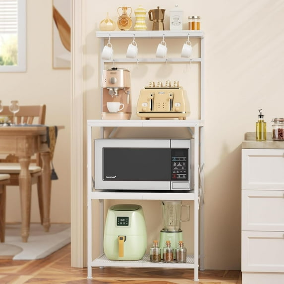 Kitchen Bakers Rack with Storage Shelves, Small Coffee Bar Cart with 8 Hooks, 4 Tiers Microwave Stand Station with Adjustable Shelves, Freestanding Kitchen Appliance Organizer, White