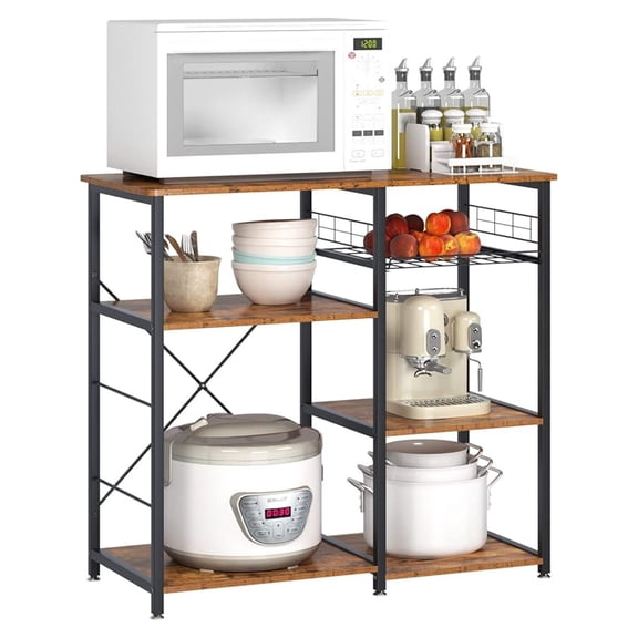 Kitchen Bakers Rack with Storage Stand for Kitchen, Industrial Kitchen Baker's Rack, 35.4 inches Microwave Oven Stand, 3-Tier+4-Tier Utility Storage Shelf with and Basket Rustic Brown