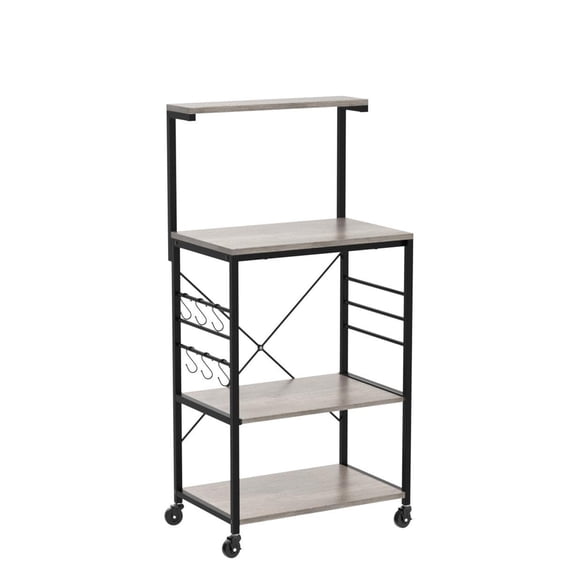 Kitchen Bakers Rack on Wheels, Microwave Stand with 6 S-Side Hooks, Rolling Coffee Bar Cart for Dining Room, Utility Storage Shelf for Kitchen, Gray