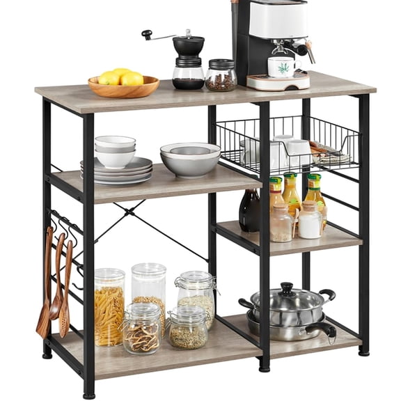 Kitchen Bakers Rack with Wire Basket, Coffee Bar Table Station Microwave Oven Stand, Utility Storage Shelf with 6 S-Shaped Hooks, Metal Frame for Home Kitchen, Gray