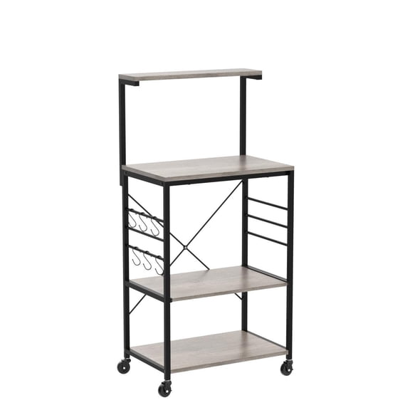 Kitchen Bakers Rack on Wheels, Microwave Stand Rolling Cart with Adjustable Feet, 6 Stainless Steel Hooks, Utility Storage Shelf for Coffee Bar, Gray