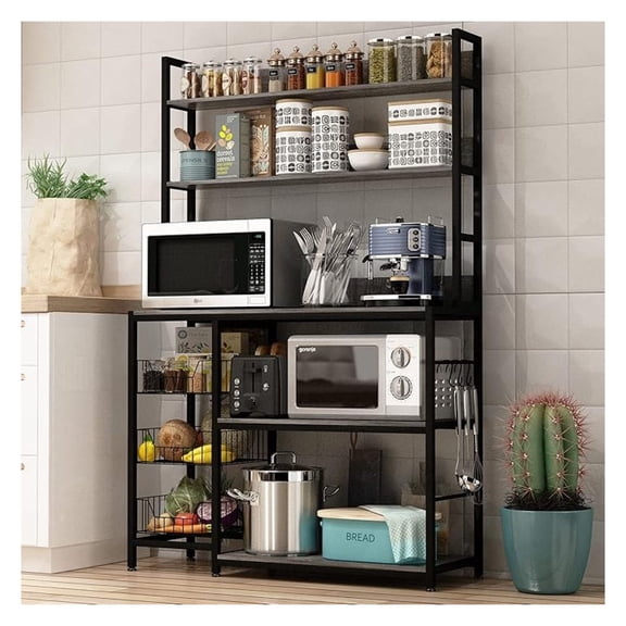 Kitchen Bakers Rack with Baskets,Free Standing Shelf,5-Tier Kitchen Utility Storage Shelf with , Microwave Oven Stand Rack Grey
