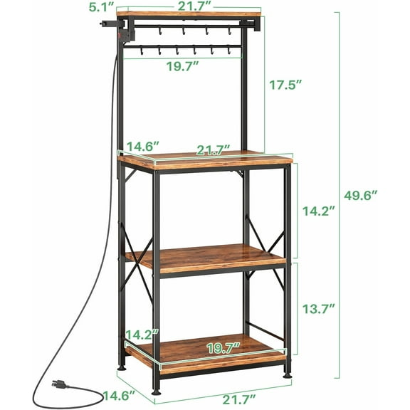 Kitchen Bakers Rack with Power Outlet 10 Hooks, 4 Tiers Coffee Bar Station Cabinet, Microwave Stand with Storage