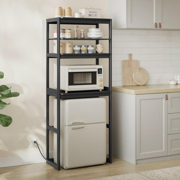 Kitchen Bakers Rack with Power Outlet, 4-Tier Coffee Bar Table with Adjustable Shelf, Mini Fridge Shelf, 15.7 x 23.6 x 66.9 Inches, Ink Black