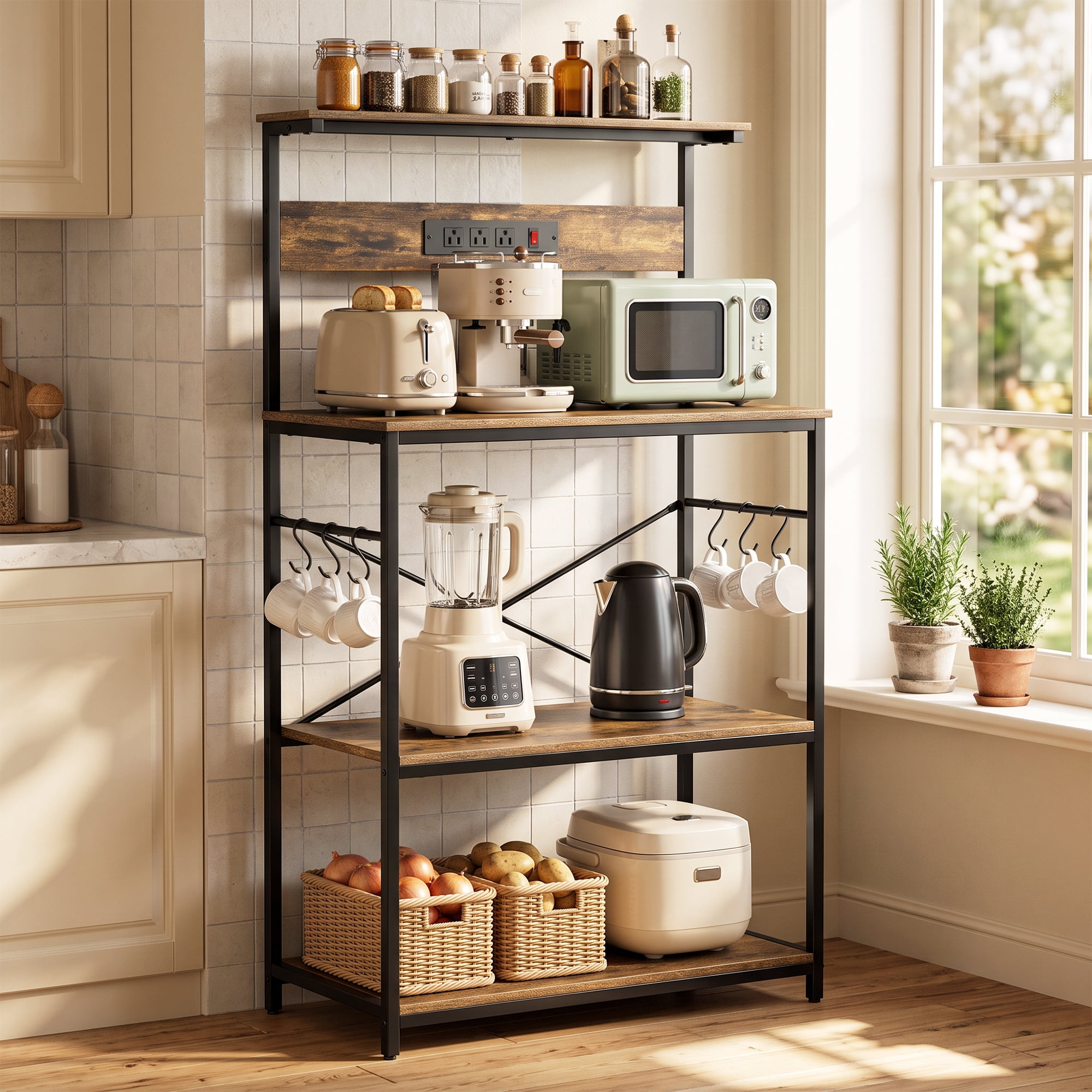 Power Station Rack VUSIGN Kitchen Bakers Rack with Power Outlet, 4-Tier Microwave Stand ...