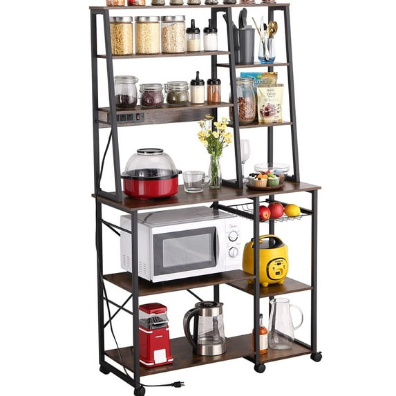 Kitchen Bakers Rack with Power Outlet,Coffee Bar with Storge,Kitchen Shelf for Spices,Pots,Pans Rustic Brown