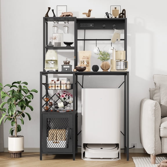 Kitchen Bakers Rack with Power Outlet – Industrial Microwave Stand with Refrigerator Storage Space, Freestanding Shelf for Pantry Living Room