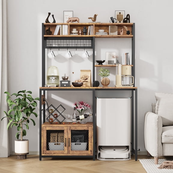 Kitchen Bakers Rack with Power Outlet – Industrial Microwave Stand with Refrigerator Storage Space, Freestanding Shelf for Pantry Living Room