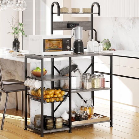 23.6" Standing Bakers Rack Shelf with Power Outlet, Kitchen Organizers and Storage with 6 Hooks, Coffee Station Cabinet, Steel-Retro, Grey