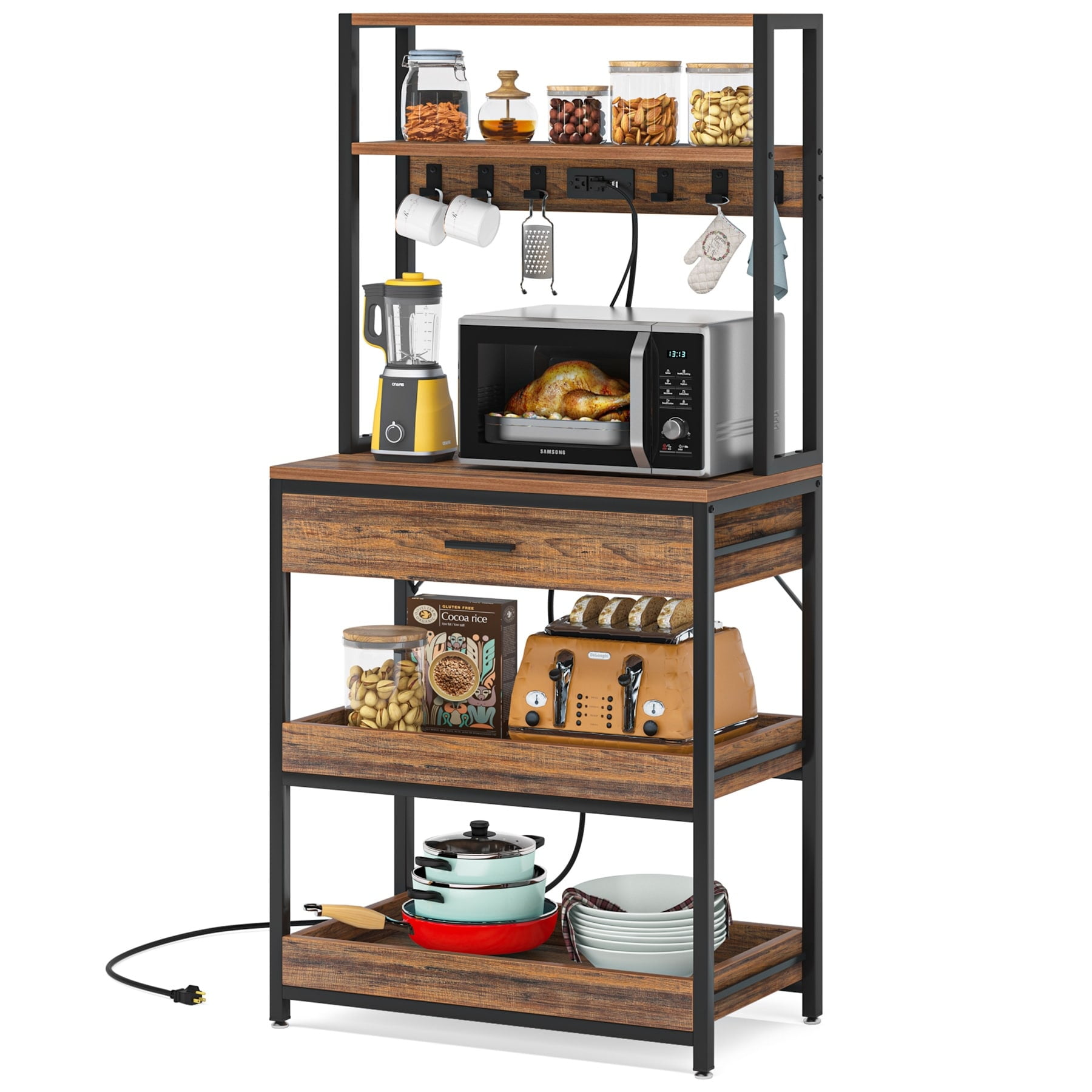 Rustic Brown Adjustable Metal and Particleboard Baker's Rack with Power Outlets