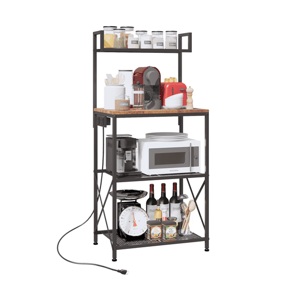 Kitchen Bakers Rack with power outlet Coffee Bar Station Microwave Stand Kitchen Microwave Rack shelf Kitchen shelf Rustic Brown