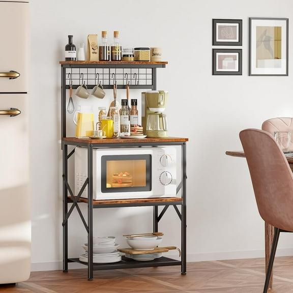 Kitchen Bakers Rack with Hutch, Coffee Bar Station 4 Tiers, Microwave Oven Stand with 6 S Hooks and Pegboard, Rustic Brown