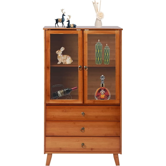 Kitchen Bamboo Storage Cabinet with 3-Drawer, 43in Cupboard Shelf with Acrylic Magnetic Suction Door, 2 Tier Storage Sideboard for Kitchen Bathroom Bedroom Living Room