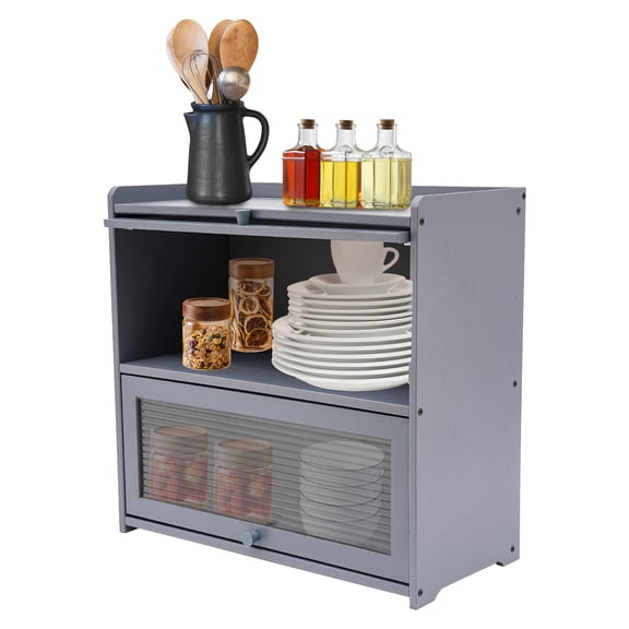 Kitchen Bamboo Storage Cabinet Pantry Sideboard w/Acrylic Door Corner Bread Box Countertop Storage Cabinet for Spice Seasoning Bottles Dish Bowl Food Storage Grey 2 Tiers