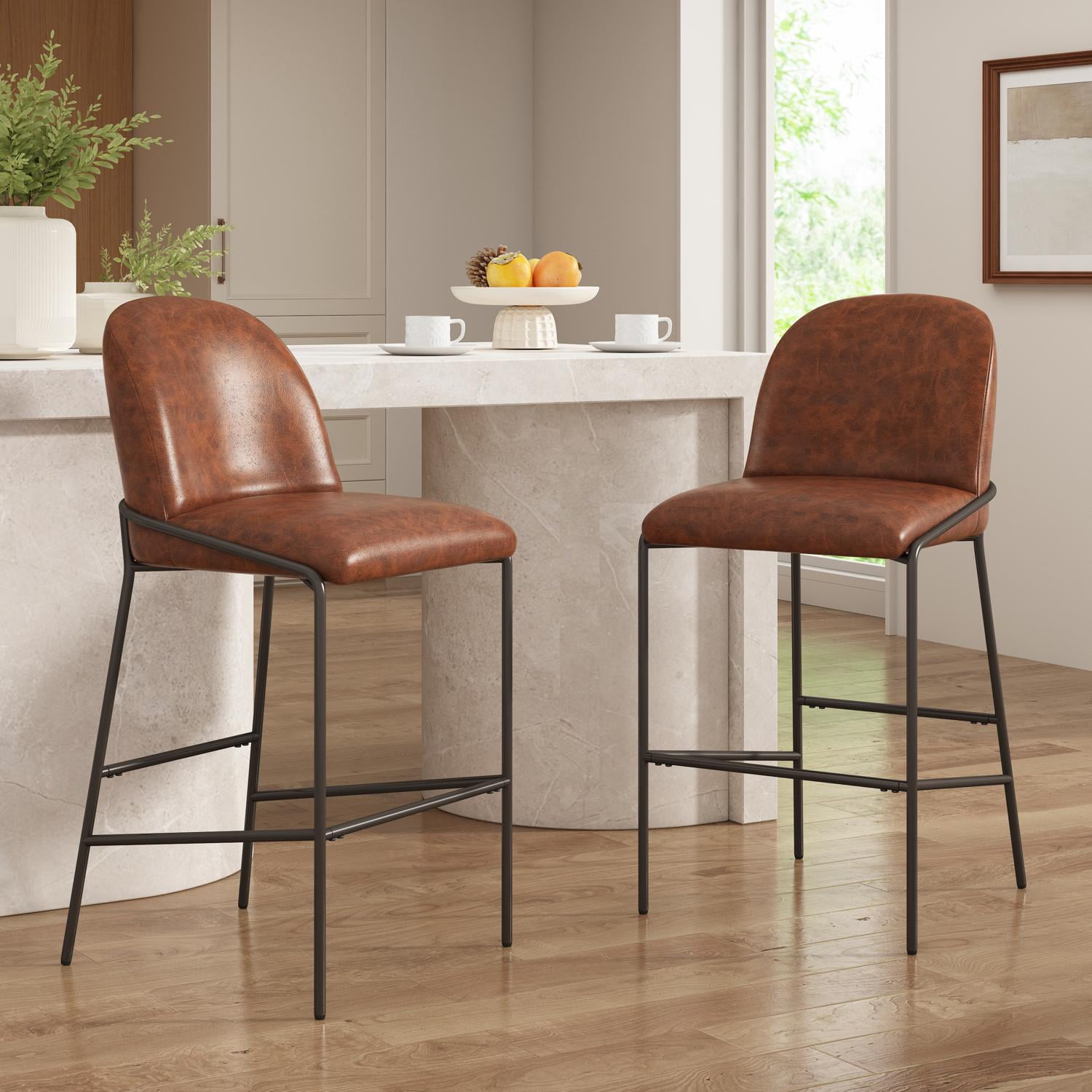 Kitchen Bar Stools, Counter Height Stools with Brown Faux Leather Seat and Antique Bronze Metal Frame, Upholstered Dining Stools for Kitchen, Bistro, Cafe, Set of 2