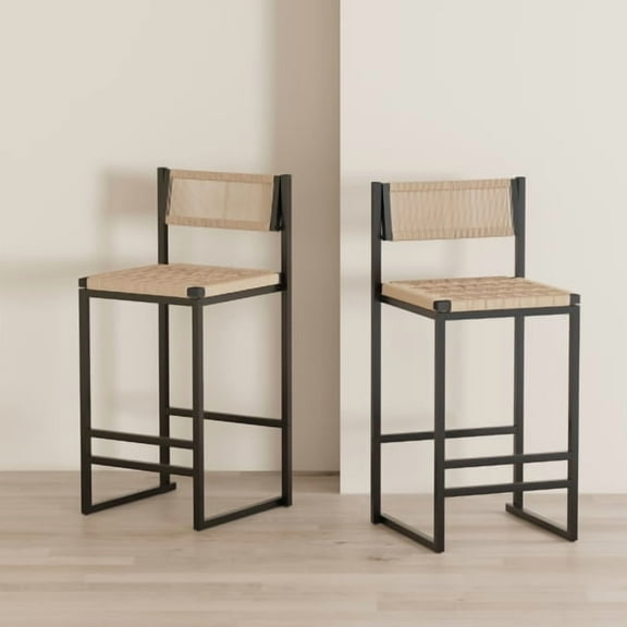Kitchen Bar Stools Set of 2, Counter Height Barstools with Footrest, Paper Rope Weave Dining Chairs (Beige)