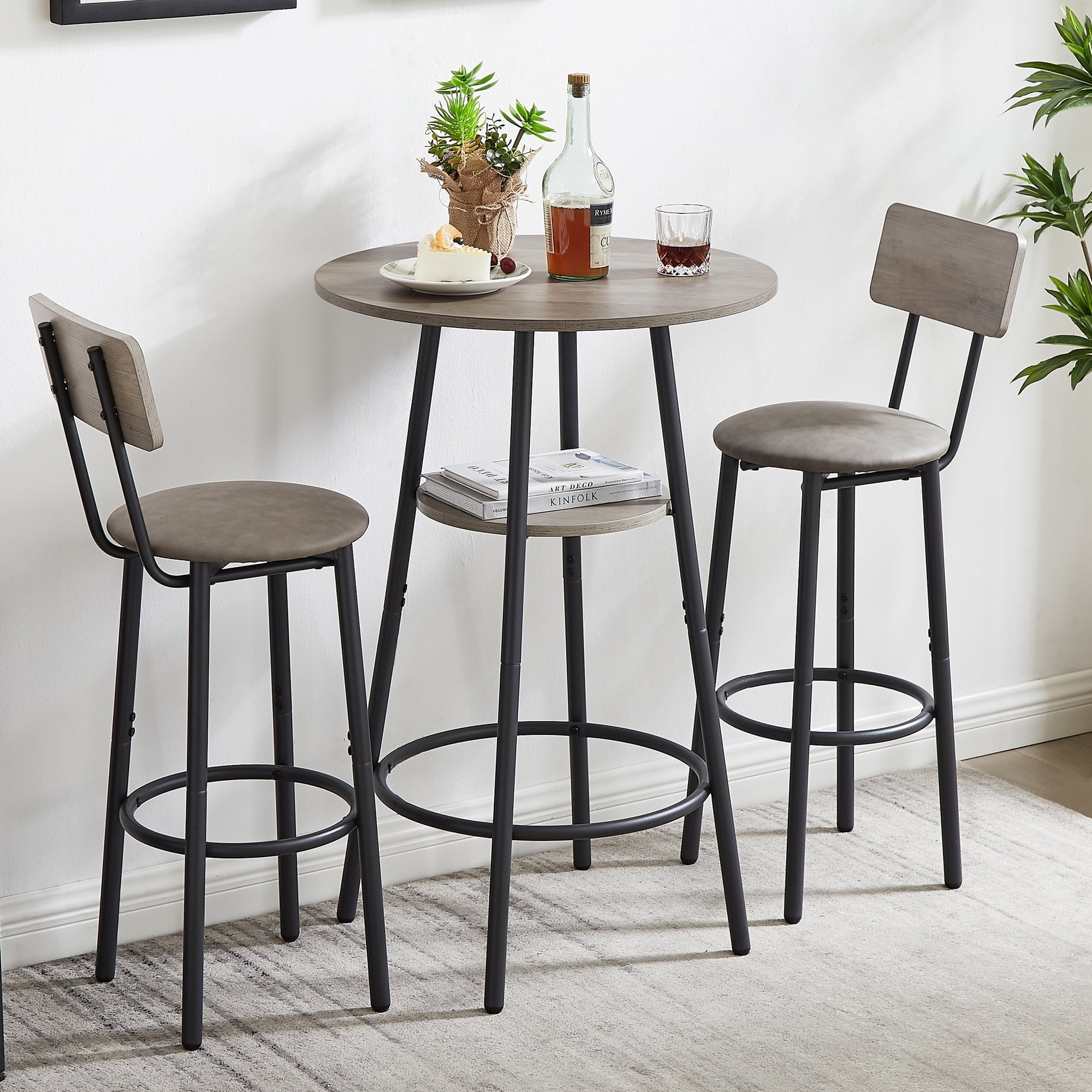 Gray Round Pub Table Set with 2 Cushioned Stools