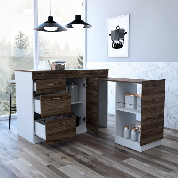 Kitchen Base Cabinet - 3 Drawers, 2 Internal Shelves. White / Dark Walnut Finish. Expandable For Enlarged Workspace. Modern Island. 19.95 In W Walnut. 1 Small & Large Drawers. Concealed Racking