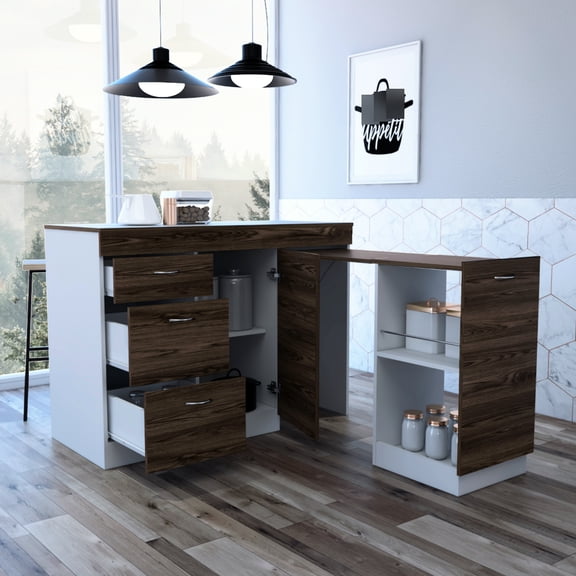 Kitchen Base Cabinet - 3 Drawers, 2 Internal Shelves In White / Dark Walnut Modern Style With Expandable Feature And Concealed Storage Drawers & Modern, Shelf Extra Capacity