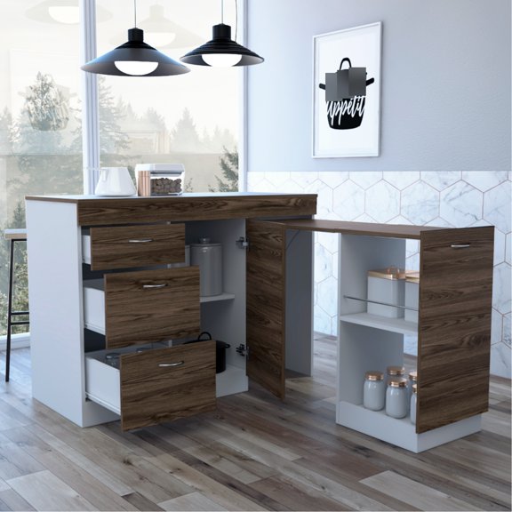 Kitchen Base Cabinet - 3 Drawers And 2 Internal Shelves In White/dark Walnut Modern, Expandable With Concealed Rack Expanded Storage Capacity For Gadgets White / Dark Walnut, Drawers, Modern Look