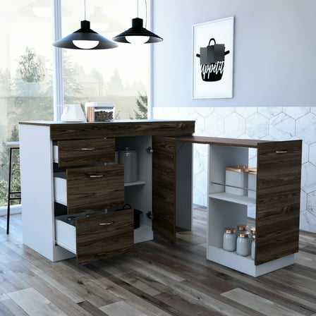 Kitchen Base Cabinet - Multicolor. 3 Drawers & 2 Shelves. Expandable For Additional Work Surface. Modern Rectangular Island. 33.92 In H X 20.53 W White / Dark Walnut. Concealed More Counter Space.