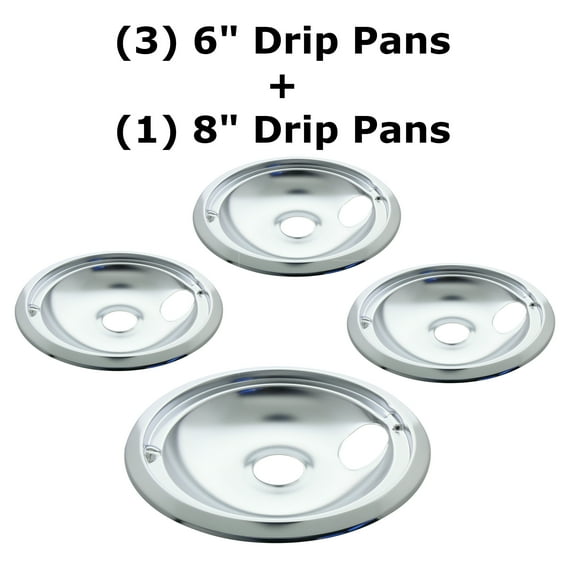 Kitchen Basics 101 Made in the USA 119204XZ Style B Chrome 4 Pack Drip Bowls 3 Small 6” and 1 Large 8” Replacement for GE WB31T10010 and WB31T10011
