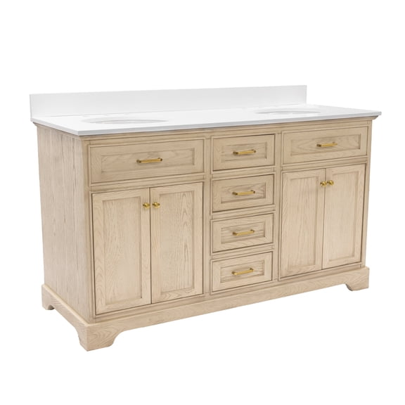Kitchen Bath Collection Aria 60-inch Double Bathroom Vanity (Greige Oak/Engineered White): Fully Assembled Cabinet with Countertop and Sinks