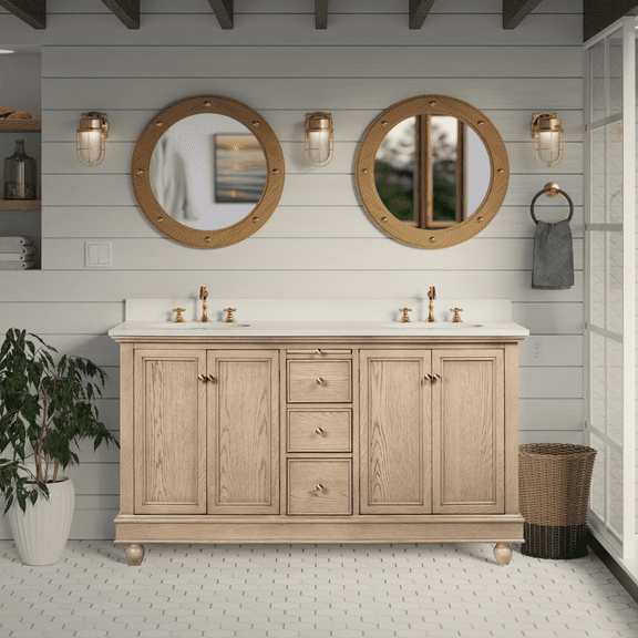 Kitchen Bath Collection Bella 60-inch Double Bathroom Vanity (Greige Oak/Engineered White): Fully Assembled Cabinet with Countertop and Sinks
