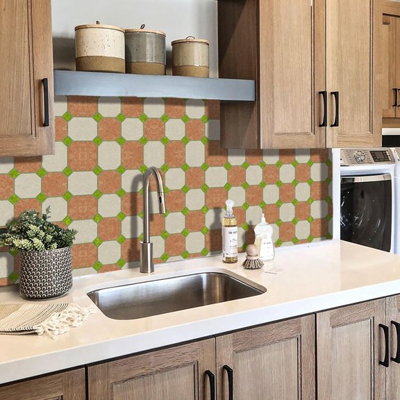 Kitchen Bathroom Backsplash Tiles Vibrant Terracotta Green Ceramic Marble Sink Countertop Peel and Stick Wall Sticker Mural 12x12 10PCS/Set