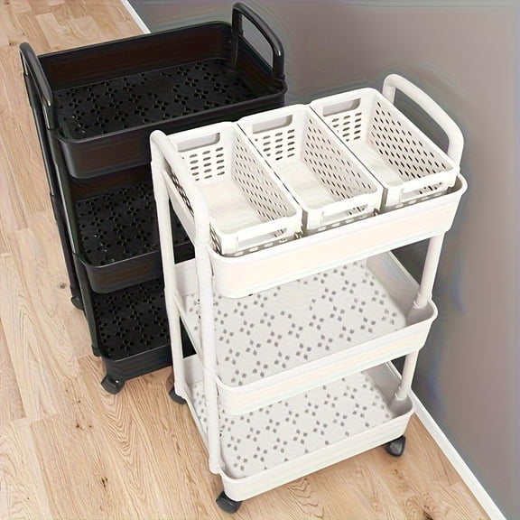 Kitchen Bathroom Bedroom Multi-Functional Storage Rack, 10-Scene Applicable Mobile Cart Thickened Plastic Universal Swivel Design White Black Space-Saving Wonder
