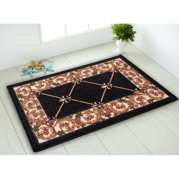 Kitchen & Bathroom Mat, Fleur De Lis Floral Design Slip Resistant Backing, Black, 19.5''X32''