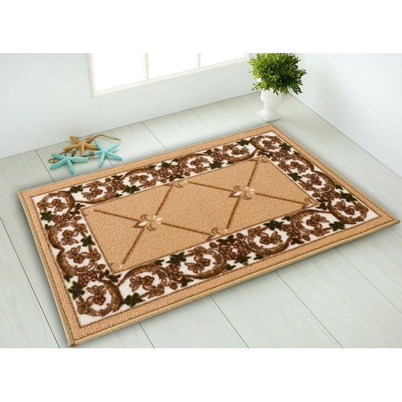 Kitchen & Bathroom Mat, Fleur De Lis Floral Design Slip Resistant Backing, Mustard, 19.5''X32''