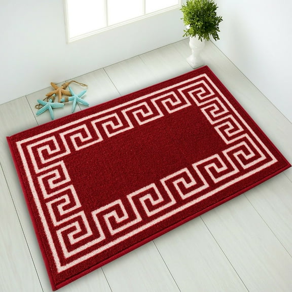 Kitchen & Bathroom Mat, Greek Key Geometric Design Slip Resistant Backing, Stain Resistant, Red, 19.5''X32''