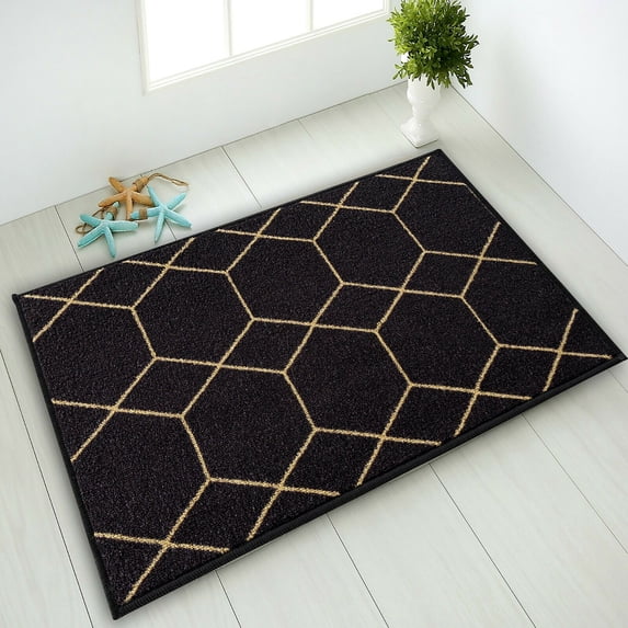 Kitchen & Bathroom Mat, Hexagon Geometric Design Slip Resistant Backing, Black, 19.5''X32''