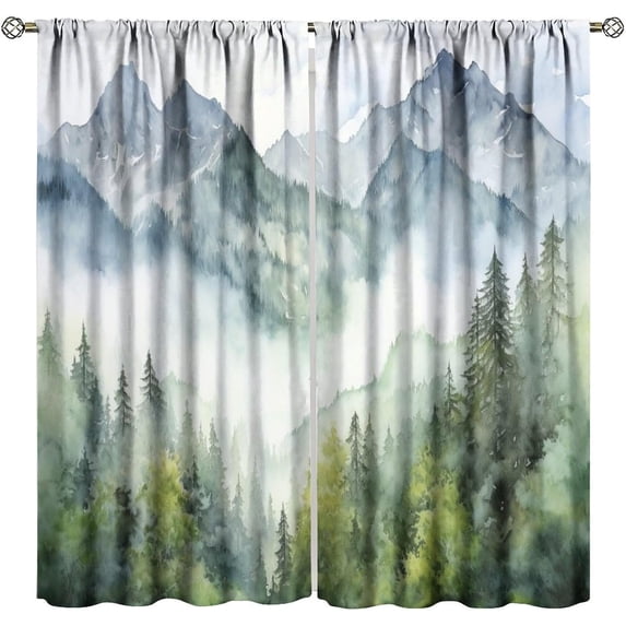 Kitchen Batroom Office Deocr 42" W X 45" L designed forForest Light Blocking Curtain, Watercolor Style Nature Woodland Green Forest Mountain Plant Window Treatments Rod Pocket 2 Panels Drape