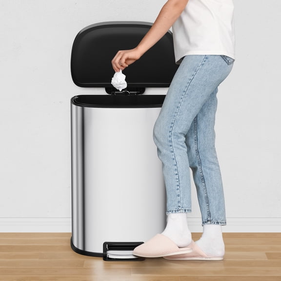 Kitchen Bin 50 L, Stainless Steel Trash Can with Step-On Pedal & Soft Close Lid, Fingerprint-Proof Easy Clean Rubbish Bin with Removable Inner Bucket For Home and Office Use - Silver