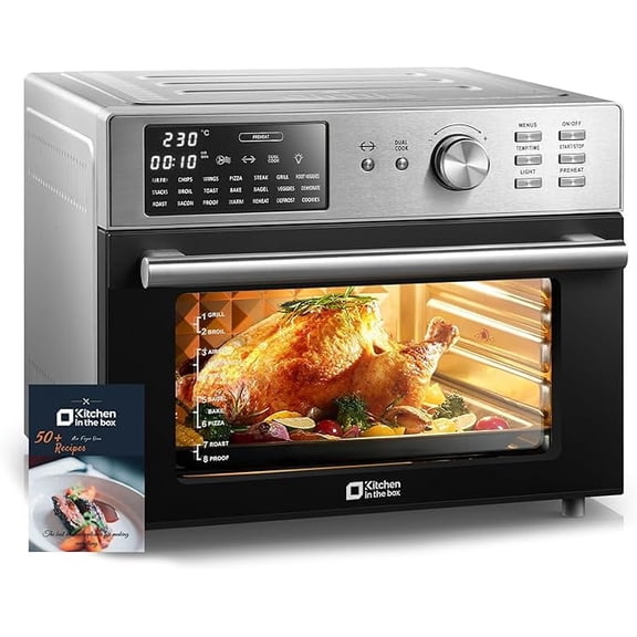 Kitchen in the Box 32QT Digital Air Fryer Toaster Oven Combo, 21-in-1 Convection Oven with Rotisserie & Dehydrate, Family-Size Countertop Oven with 6 Accessories, 1800W, Silver